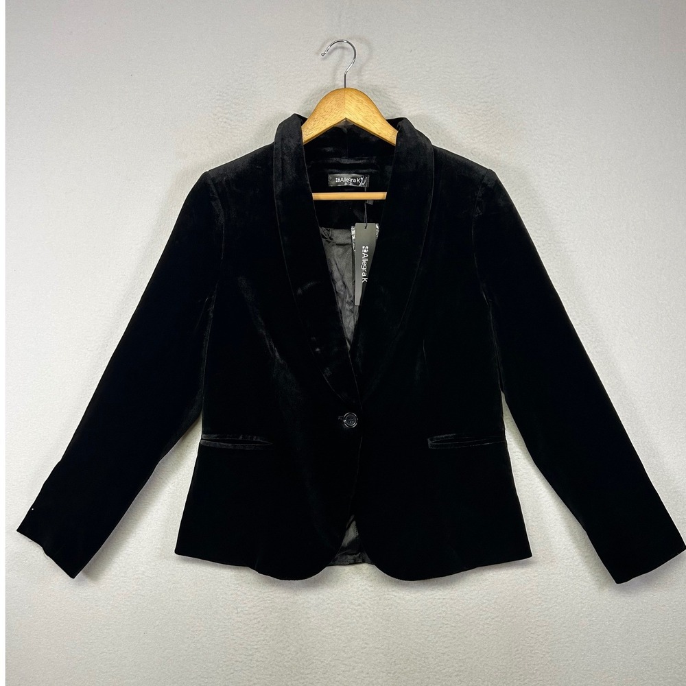 Dark Academia Allegra K Women Size M Black Velvet Shawl Collar One Button Blazer